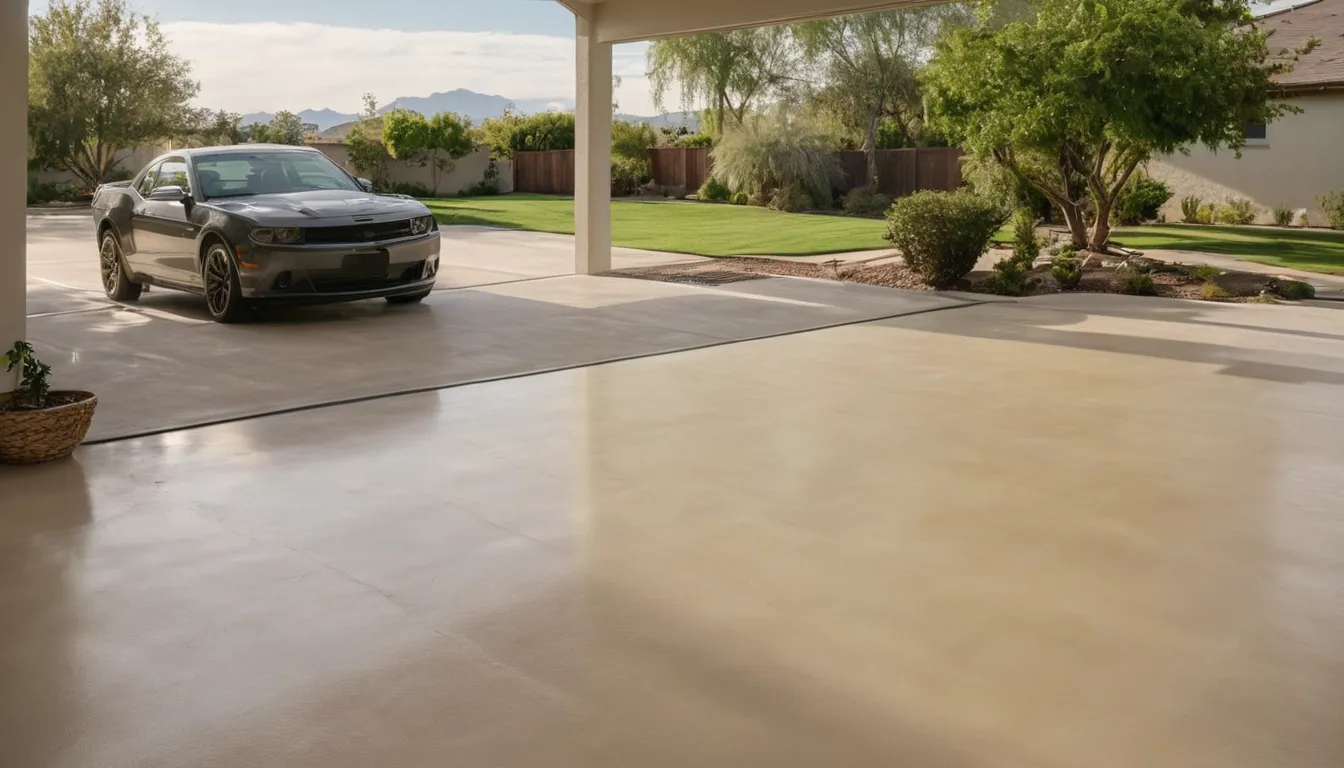 A freshly coated garage floor in a stucco home near Menifee
